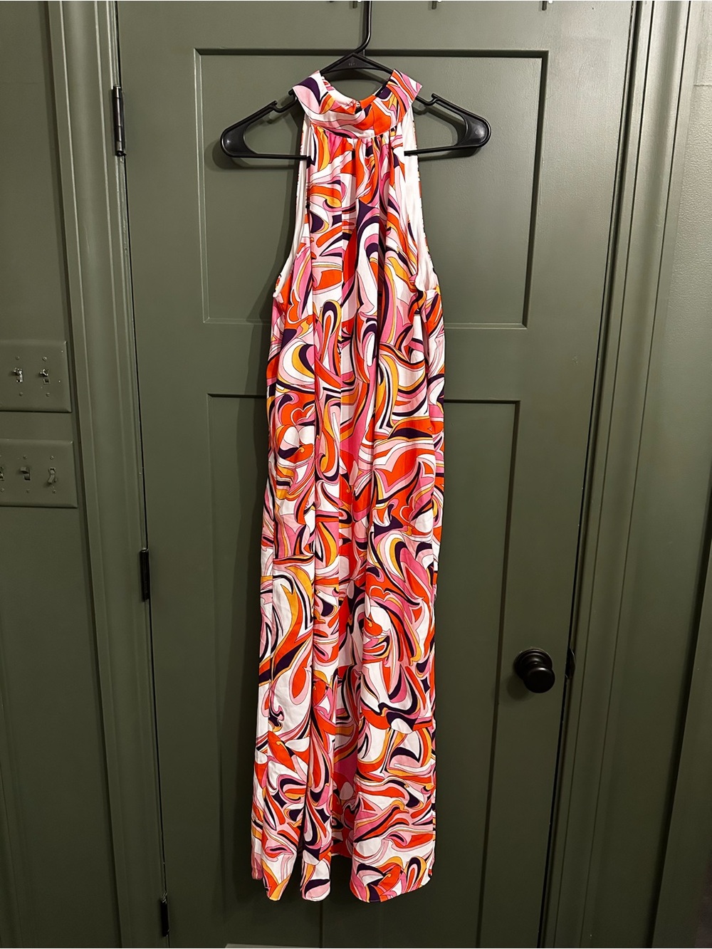 Express Halter Jumpsuit in Orange, Pink & White Swirl Print